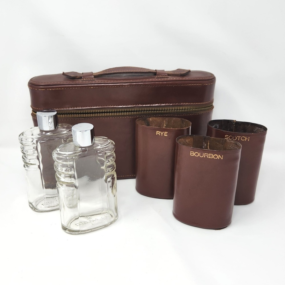 Vintage Flaskit Genuine Cowhide Leather Flask Case with two Glass Flasks